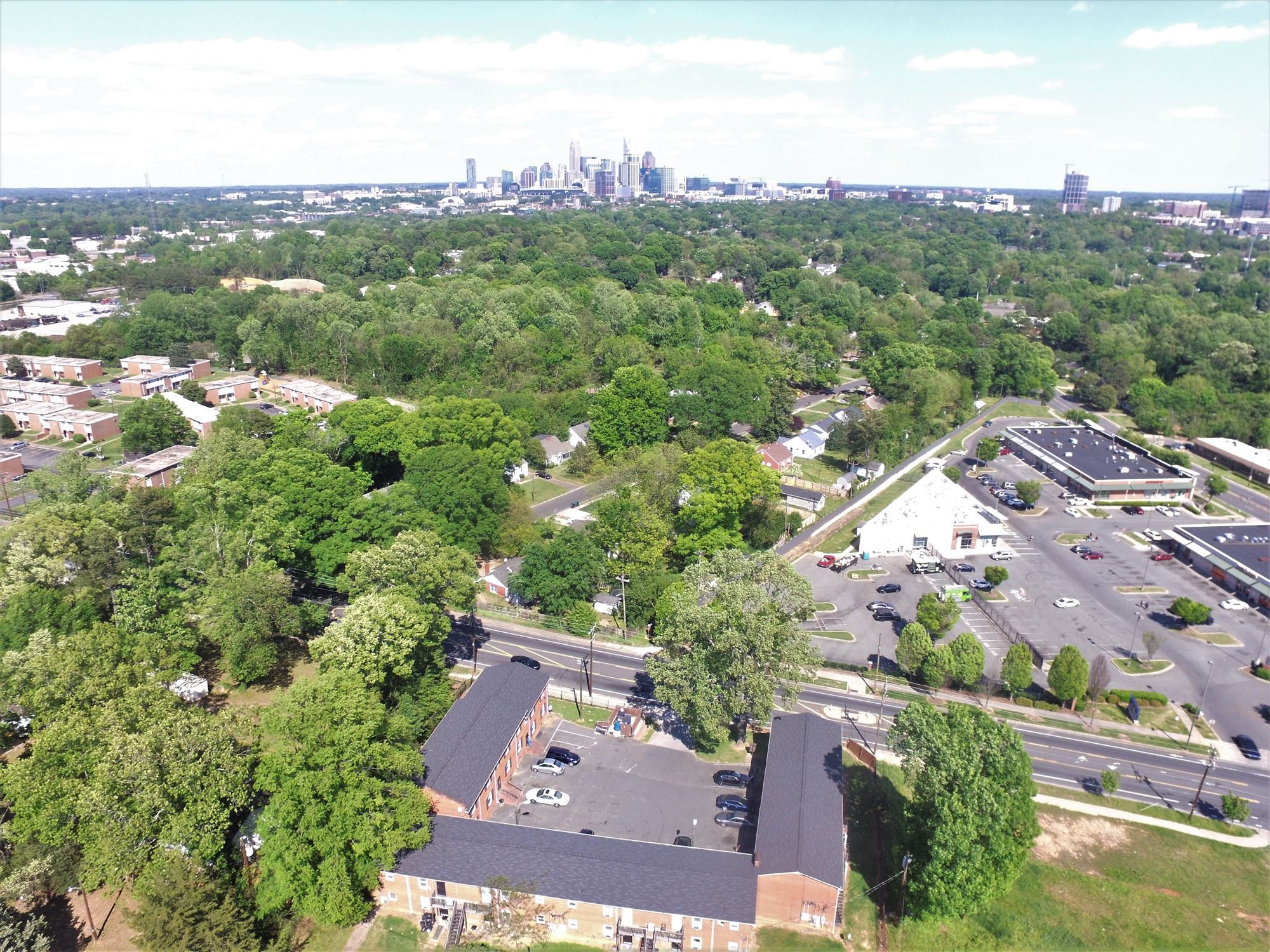Fountain Hill from above with the Uptown Charlotte skyline in the background