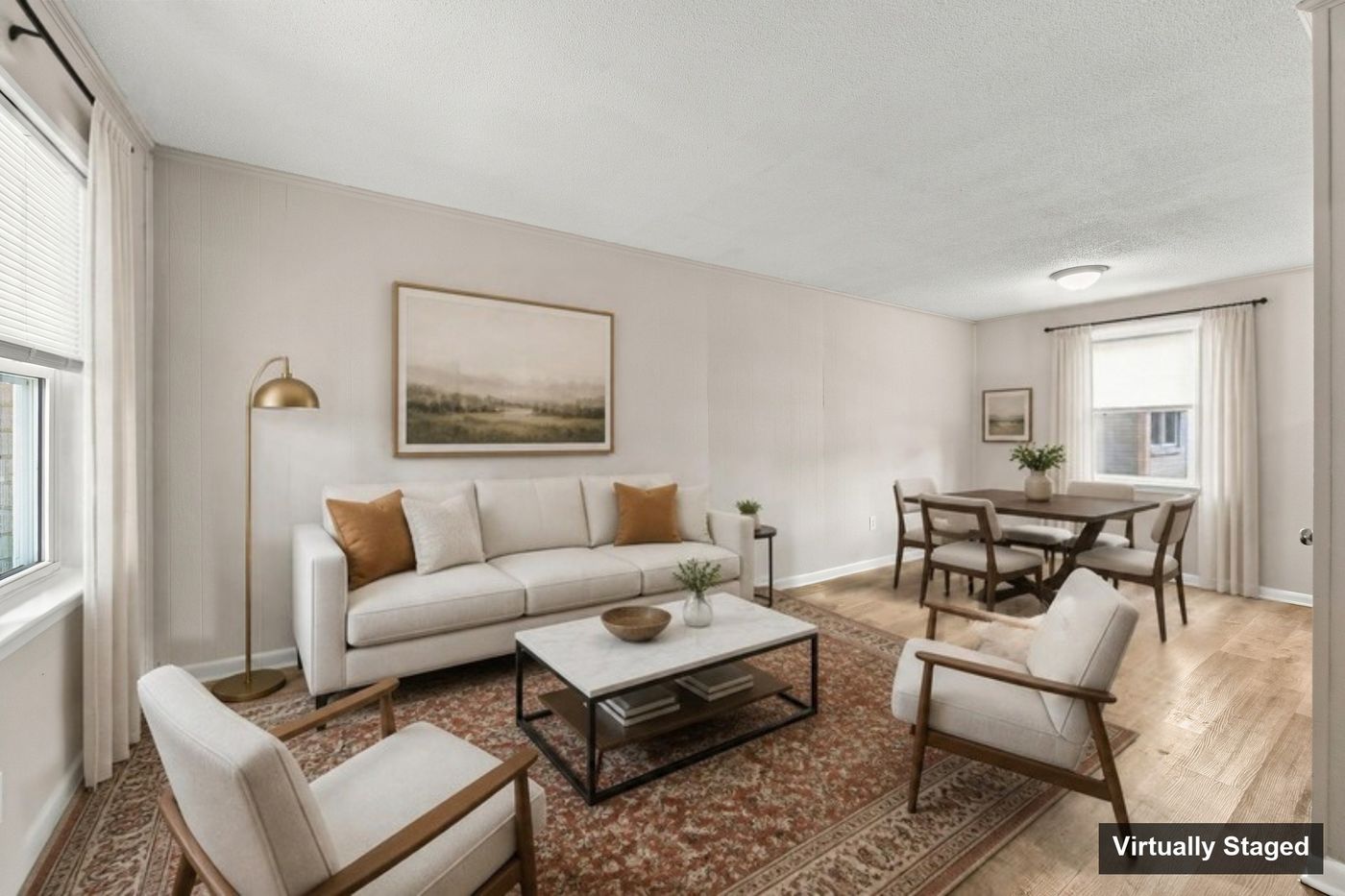 Living and dining area, virtually staged